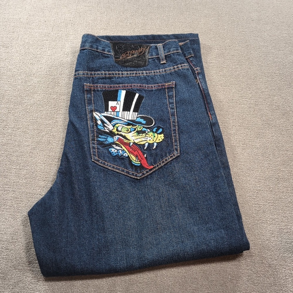 Mens Ed Hardy Denim Jeans 30x33 Dark Blue Dragon Embroidered Christian Audigier